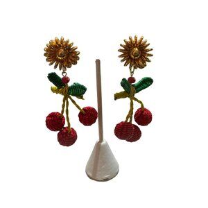 Hand Made Cherry Raffia & Beaded Dangle Earrings  Evelyn Ariza
